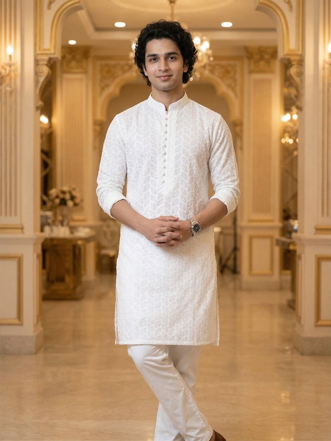 Ivory Regal Embroidered Long Kurta for Men | TerraDesi Festive Cotton Kurta