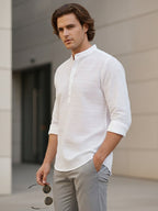 TerraDesi Men's White Textured Cotton Short Kurta | Mandarin Collar Roll-Up Sleeve Kurta