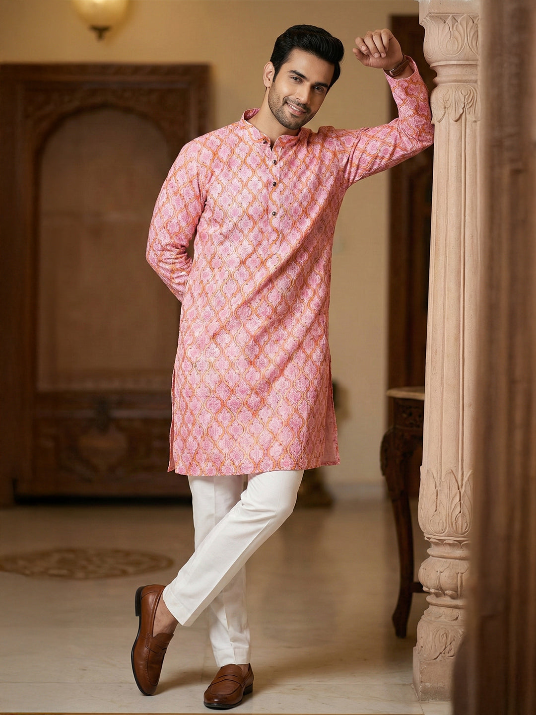 TerraDesi Self Printed Curve Line Crochet Fabric Long Kurta For Men and Boys.