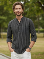 TerraDesi Black Striped Cotton Kurta for Men | Mandarin Collar Casual Kurta