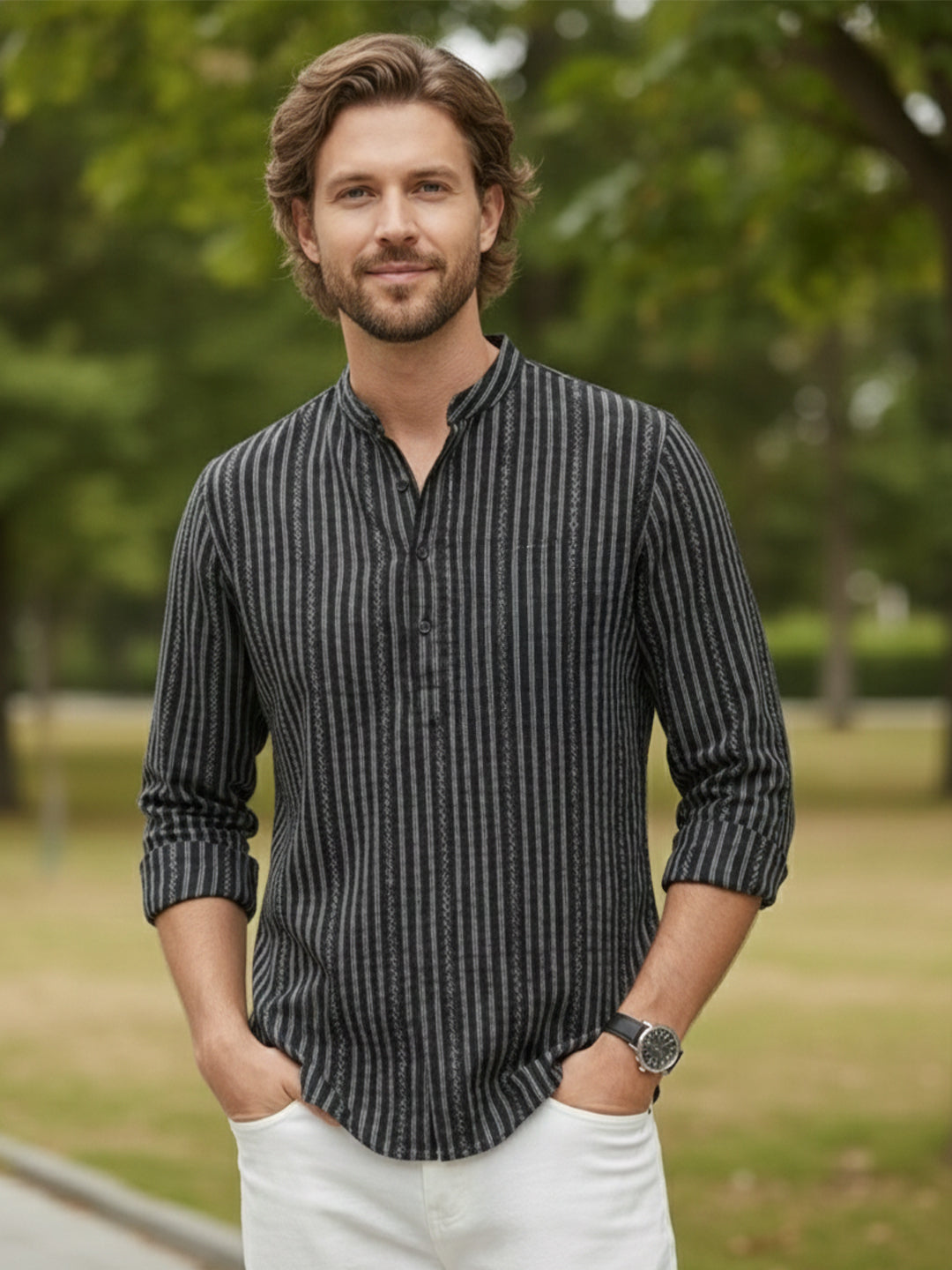 TerraDesi Black Striped Cotton Kurta for Men | Mandarin Collar Casual Kurta