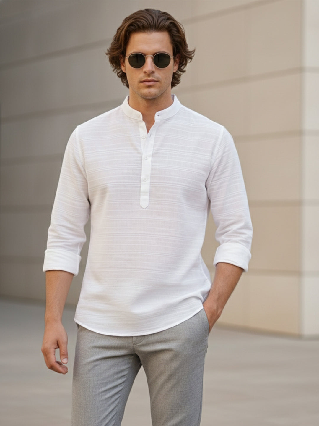 TerraDesi Men's White Textured Cotton Short Kurta | Mandarin Collar Roll-Up Sleeve Kurta