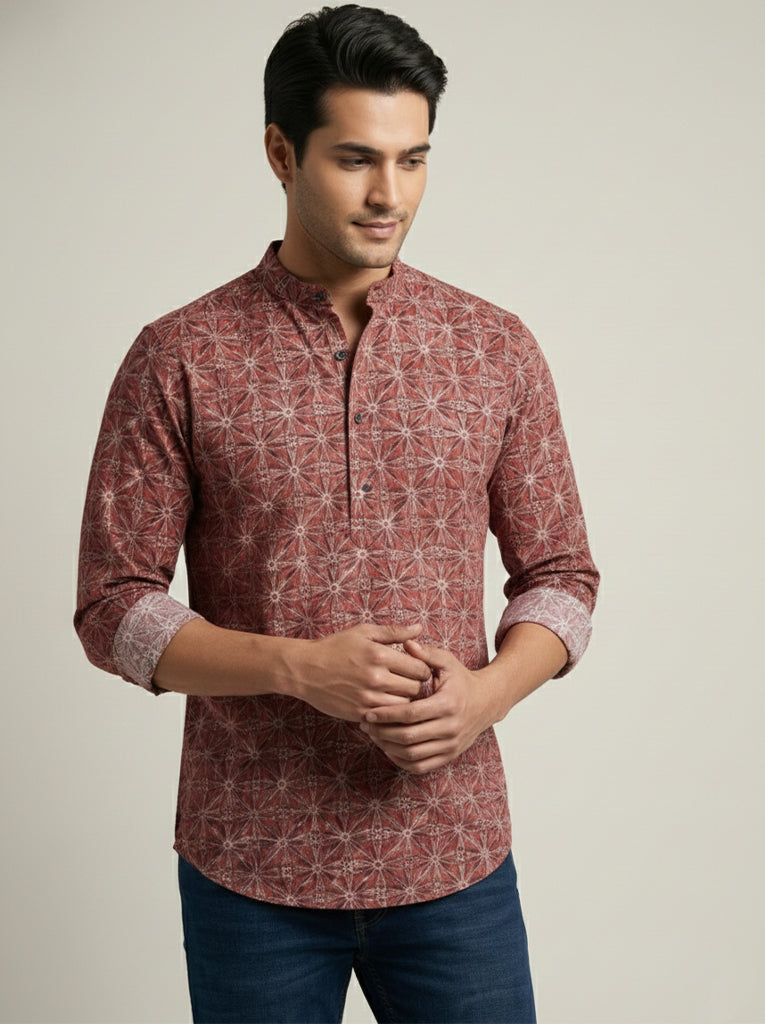 TerraDesi Rust Red Geometric Printed Cotton Kurta for Men | Mandarin Collar Casual Kurta Secondary image