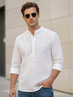 TerraDesi White Textured Cotton Short Kurta for Men | Modern Mandarin Collar Kurta