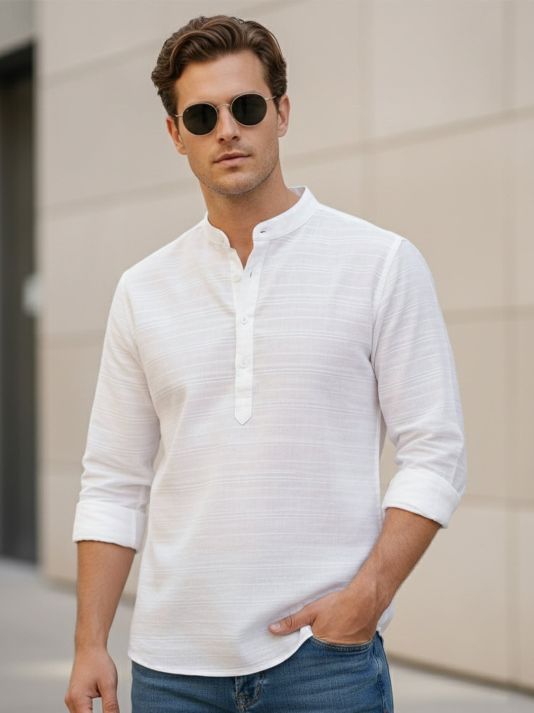 TerraDesi White Textured Cotton Short Kurta for Men | Modern Mandarin Collar Kurta