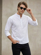 TerraDesi Arctic Weave White Cotton Short Kurta for Men | Mandarin Collar Roll-Up Sleeve Kurta