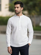 TerraDesi Arctic Loom Textured Cotton Short Kurta for Men | Modern Mandarin Collar Kurta