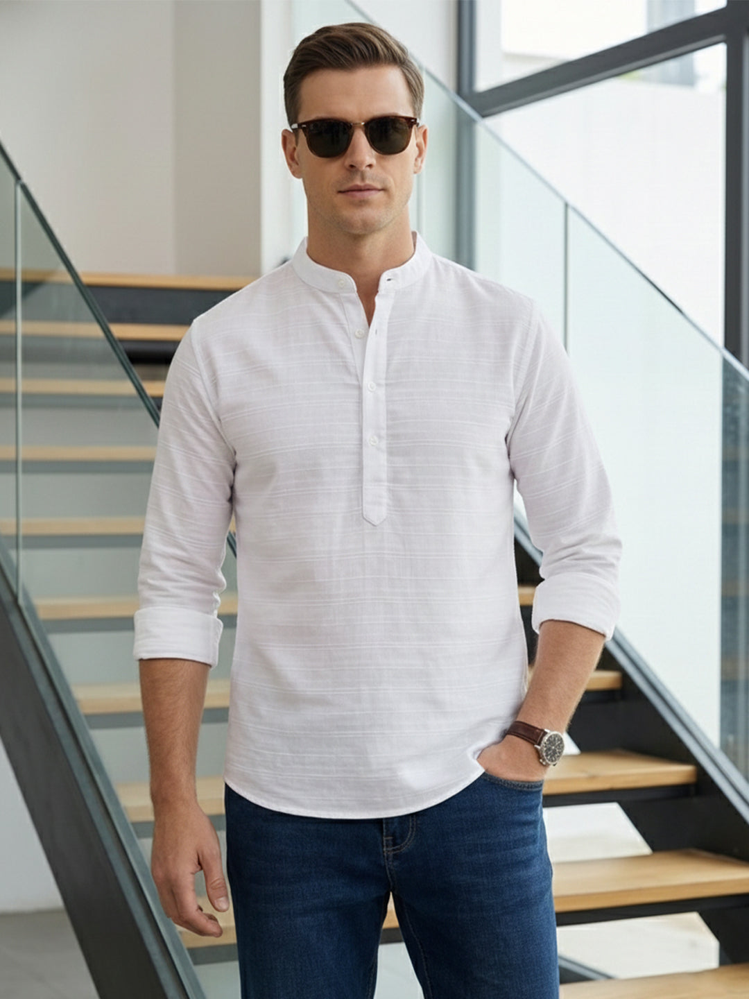 TerraDesi Arctic Linen Weave Cotton Short Kurta for Men | Minimal White Mandarin Collar Kurta