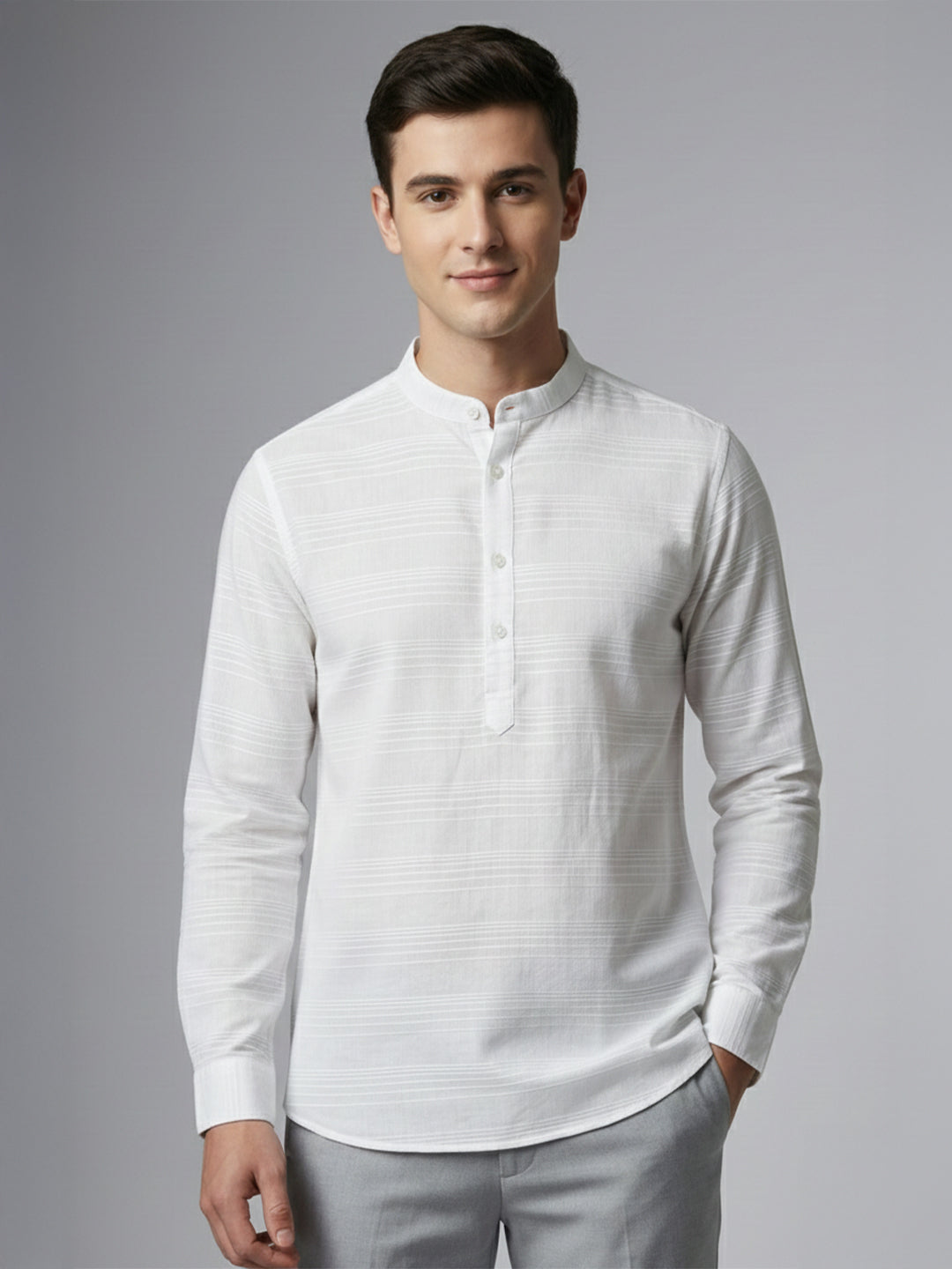 TerraDesi White Textured Cotton Short Kurta for Men | Classic Mandarin Collar Kurta