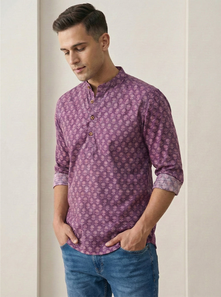 TerraDesi Plum Purple Printed Cotton Kurta for Men | Mandarin Collar Casual Ethnic Kurta Secondary image