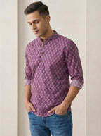 TerraDesi Plum Purple Printed Cotton Kurta for Men | Mandarin Collar Casual Ethnic Kurta