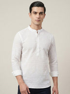 TerraDesi Men’s White Cotton Textured Stripe Short Kurta | Mandarin Collar Roll-Up Sleeve Kurta