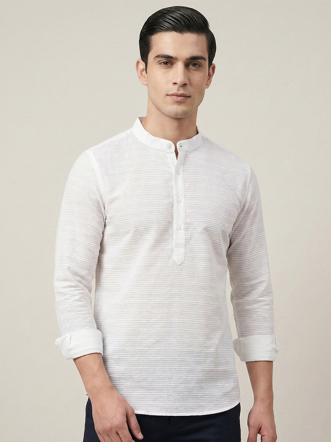 TerraDesi Men’s White Cotton Textured Stripe Short Kurta | Mandarin Collar Roll-Up Sleeve Kurta
