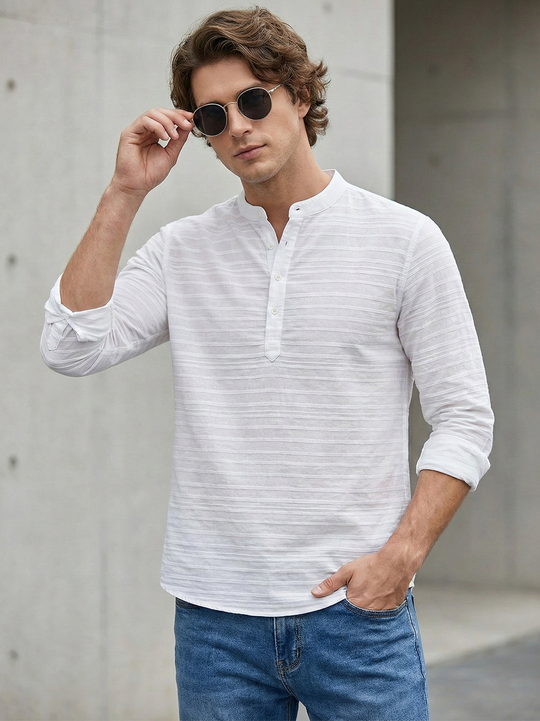 TerraDesi White Textured Cotton Short Kurta for Men | Minimal Mandarin Collar Kurta