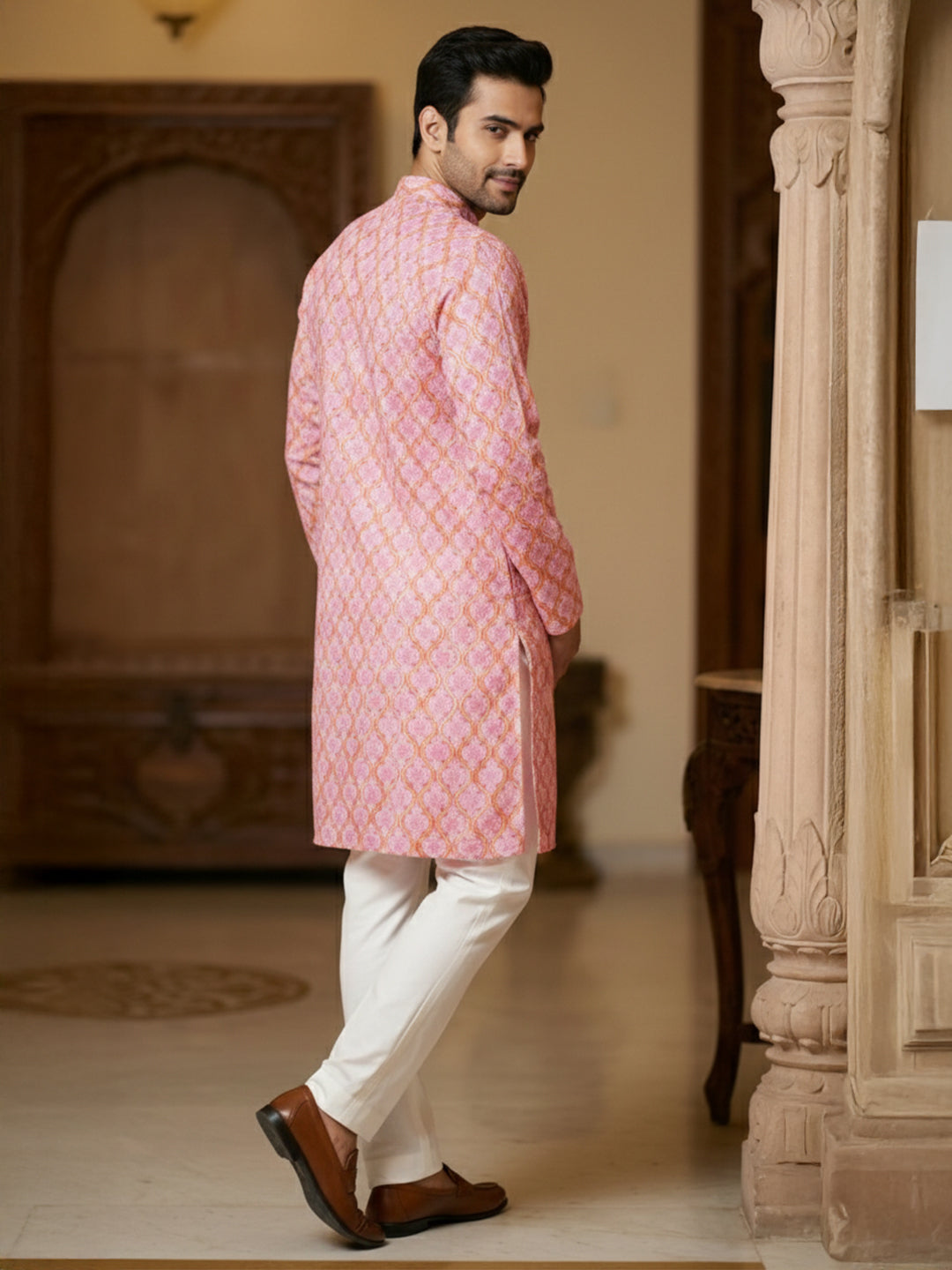TerraDesi Royal Peach Crochet Kurta Set for Men – Designer Self Printed Festive Kurta with Pajama