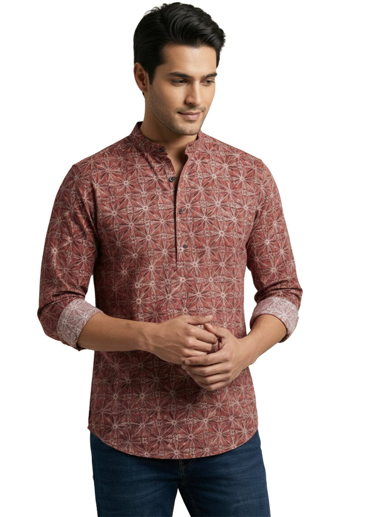 TerraDesi Rust Red Geometric Printed Cotton Kurta for Men | Mandarin Collar Casual Kurta