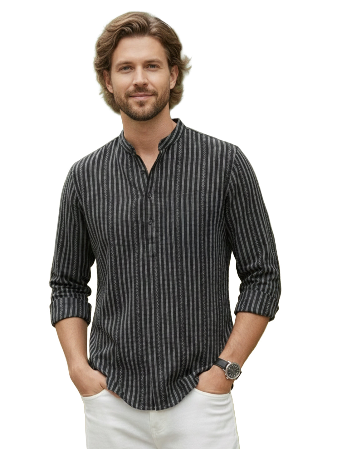 TerraDesi Black Striped Cotton Kurta for Men | Mandarin Collar Casual Kurta