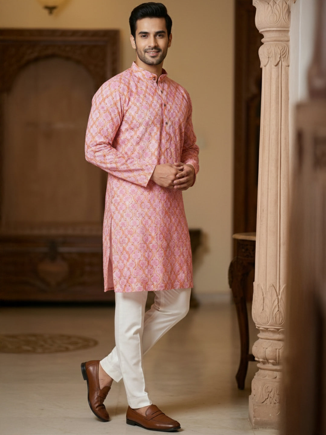 TerraDesi Royal Peach Crochet Kurta Set for Men – Designer Self Printed Festive Kurta with Pajama