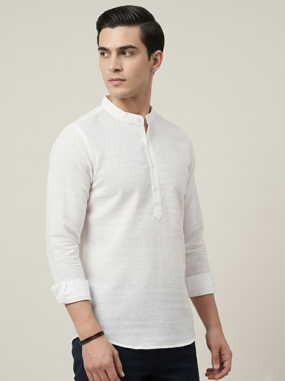 TerraDesi Men’s White Cotton Textured Stripe Short Kurta | Mandarin Collar Roll-Up Sleeve Kurta