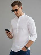 TerraDesi Arctic Linen Weave Cotton Short Kurta for Men | Minimal White Mandarin Collar Kurta