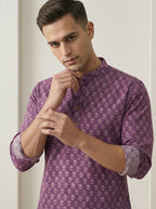 TerraDesi Plum Purple Printed Cotton Kurta for Men | Mandarin Collar Casual Ethnic Kurta