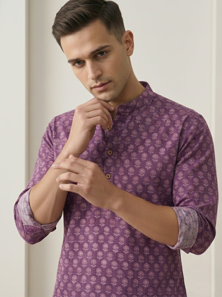 TerraDesi Plum Purple Printed Cotton Kurta for Men | Mandarin Collar Casual Ethnic Kurta
