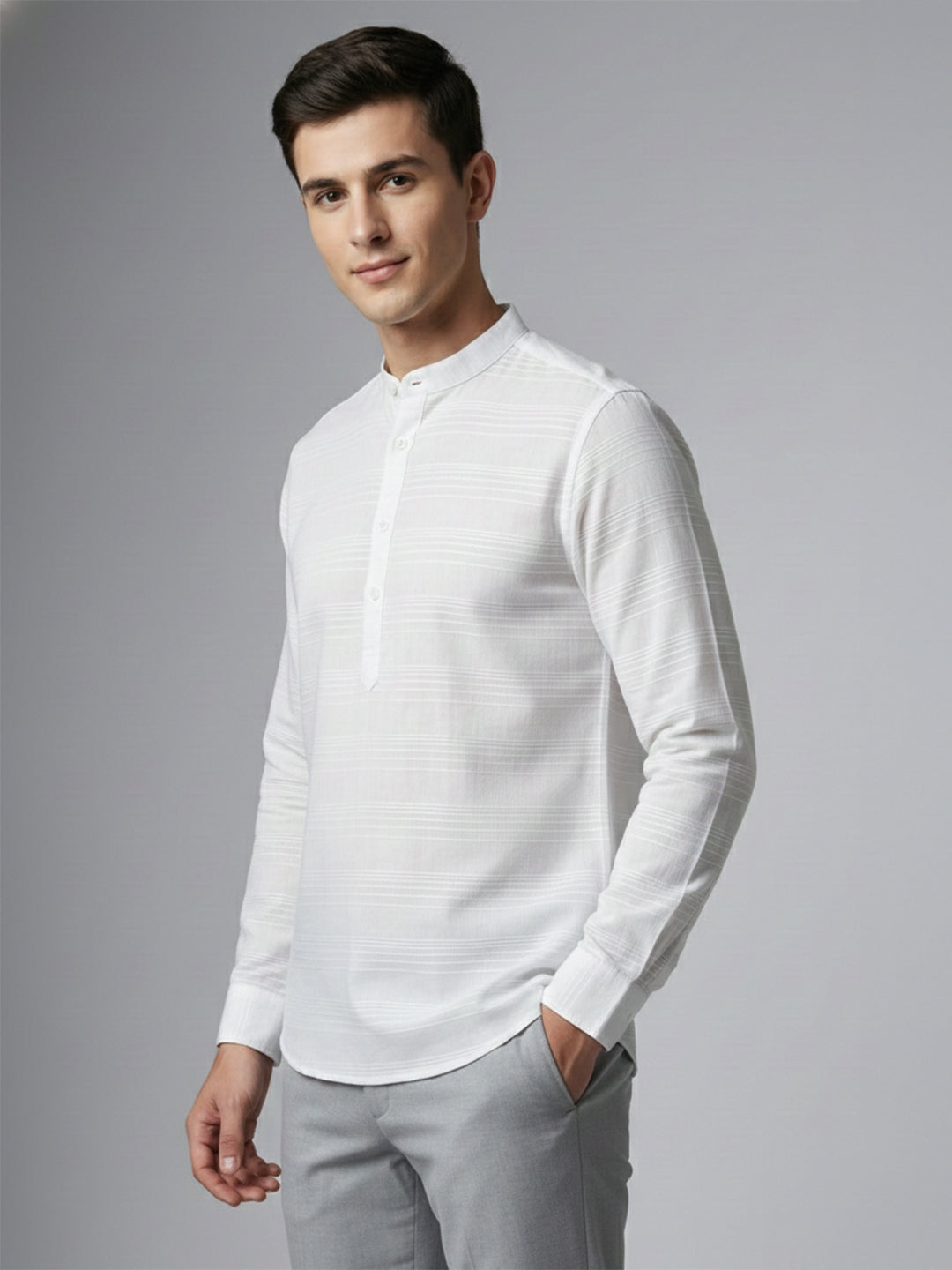 TerraDesi White Textured Cotton Short Kurta for Men | Classic Mandarin Collar Kurta