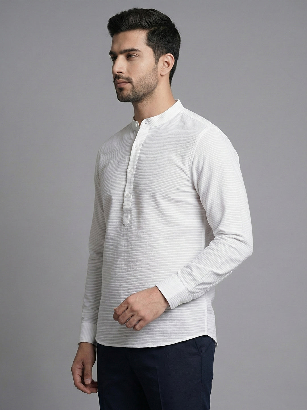 TerraDesi Arctic Loom Textured Cotton Short Kurta for Men | Modern Mandarin Collar Kurta