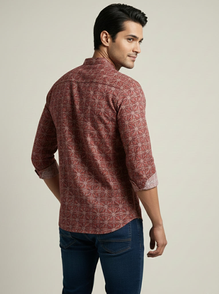 TerraDesi Rust Red Geometric Printed Cotton Kurta for Men | Mandarin Collar Casual Kurta