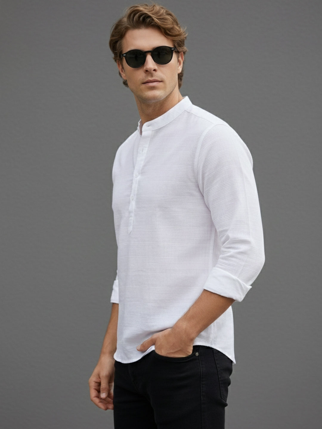 TerraDesi Arctic Weave White Cotton Short Kurta for Men | Mandarin Collar Roll-Up Sleeve Kurta