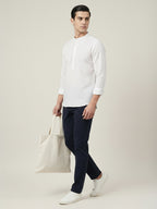 TerraDesi Men’s White Cotton Textured Stripe Short Kurta | Mandarin Collar Roll-Up Sleeve Kurta