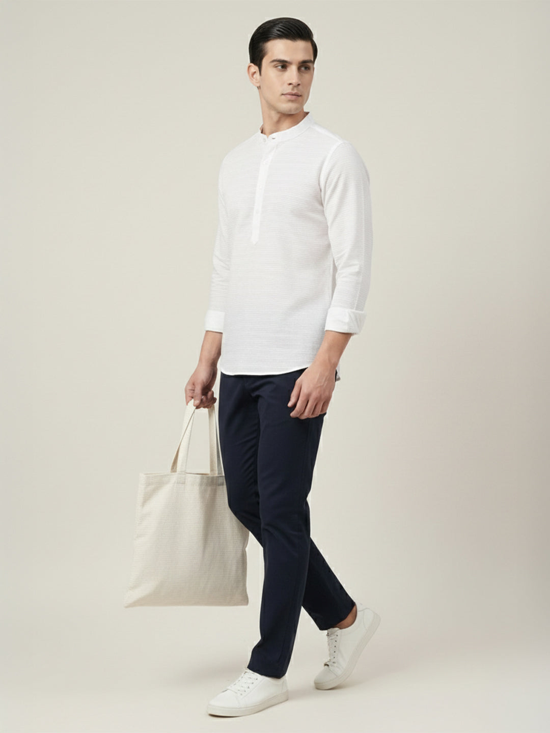 TerraDesi Men’s White Cotton Textured Stripe Short Kurta | Mandarin Collar Roll-Up Sleeve Kurta