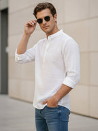 TerraDesi White Textured Cotton Short Kurta for Men | Modern Mandarin Collar Kurta
