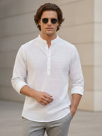 TerraDesi Men's White Textured Cotton Short Kurta | Mandarin Collar Roll-Up Sleeve Kurta