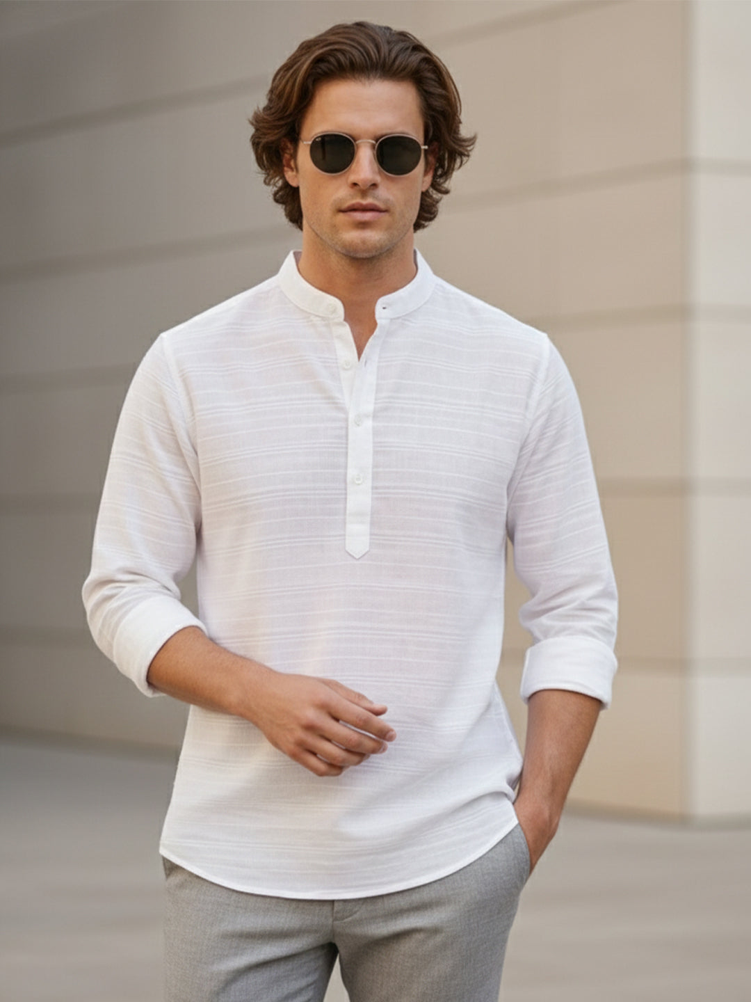 TerraDesi Men's White Textured Cotton Short Kurta | Mandarin Collar Roll-Up Sleeve Kurta
