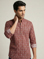 TerraDesi Rust Red Geometric Printed Cotton Kurta for Men | Mandarin Collar Casual Kurta