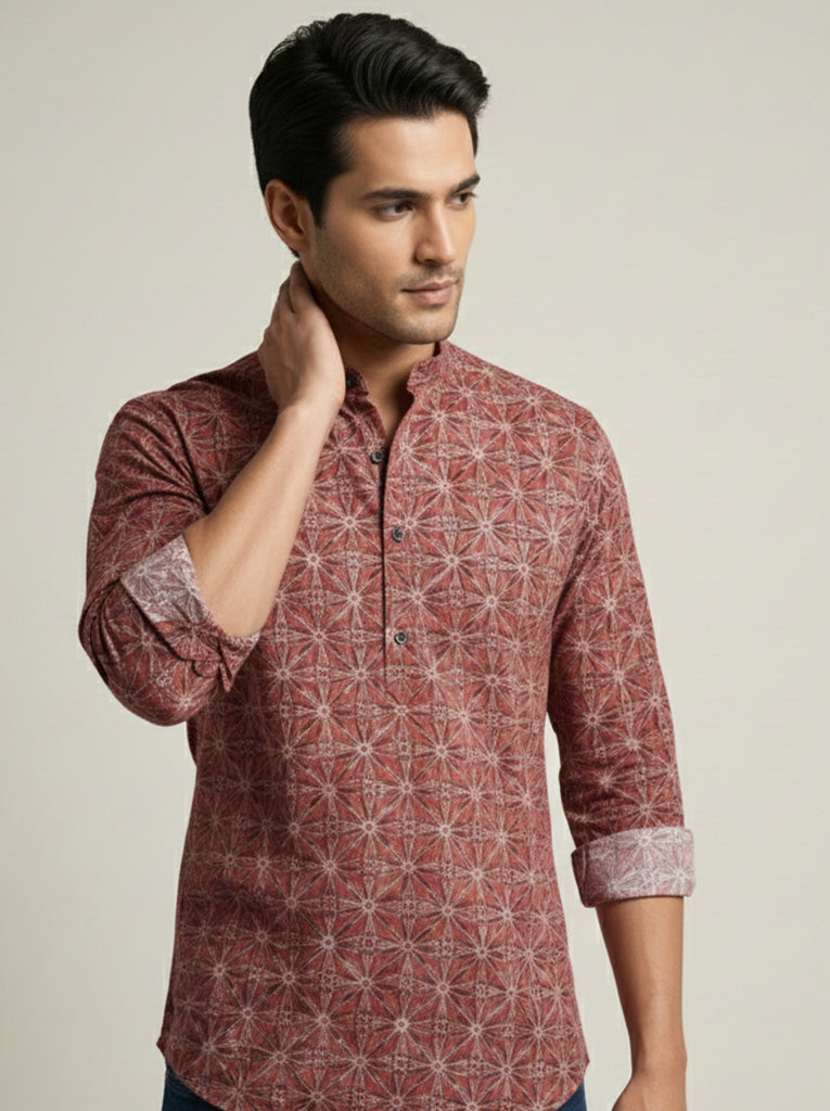 TerraDesi Rust Red Geometric Printed Cotton Kurta for Men | Mandarin Collar Casual Kurta