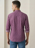 TerraDesi Plum Purple Printed Cotton Kurta for Men | Mandarin Collar Casual Ethnic Kurta