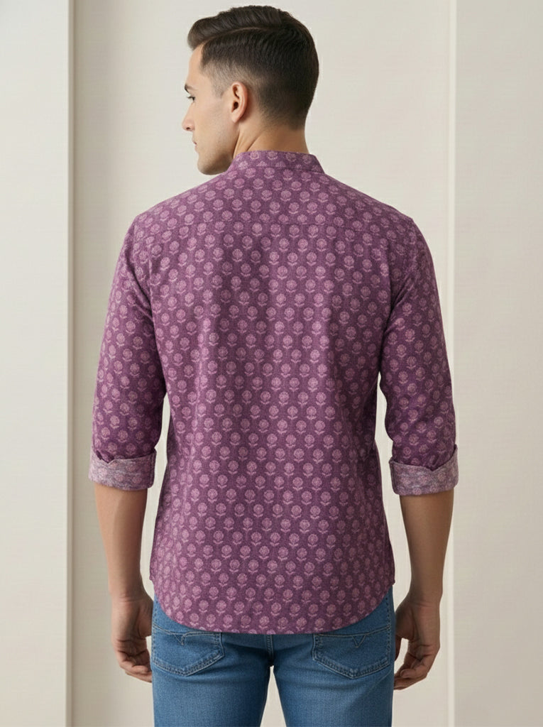TerraDesi Plum Purple Printed Cotton Kurta for Men | Mandarin Collar Casual Ethnic Kurta