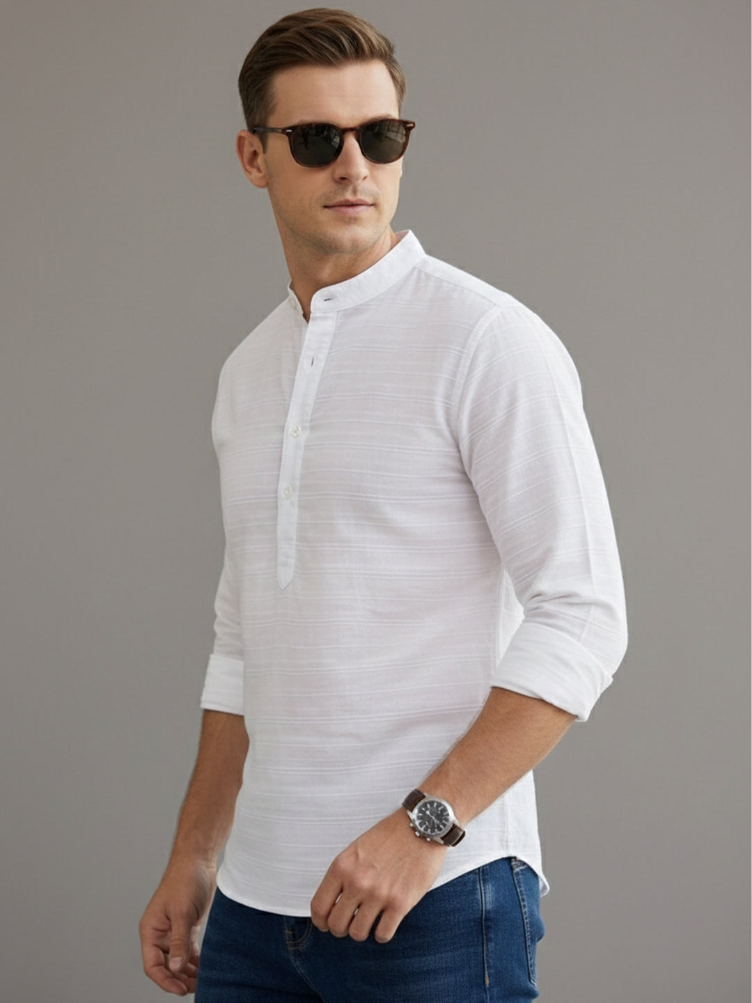 TerraDesi Arctic Linen Weave Cotton Short Kurta for Men | Minimal White Mandarin Collar Kurta