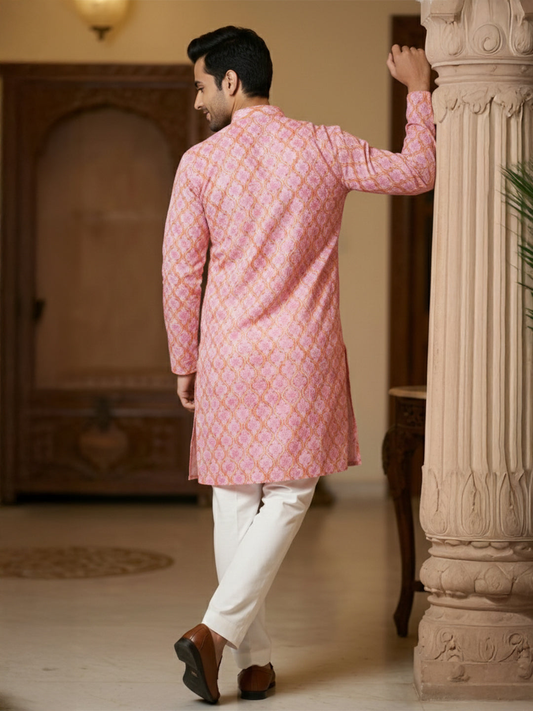 TerraDesi Royal Peach Crochet Kurta Set for Men – Designer Self Printed Festive Kurta with Pajama