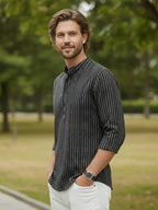 TerraDesi Black Striped Cotton Kurta for Men | Mandarin Collar Casual Kurta
