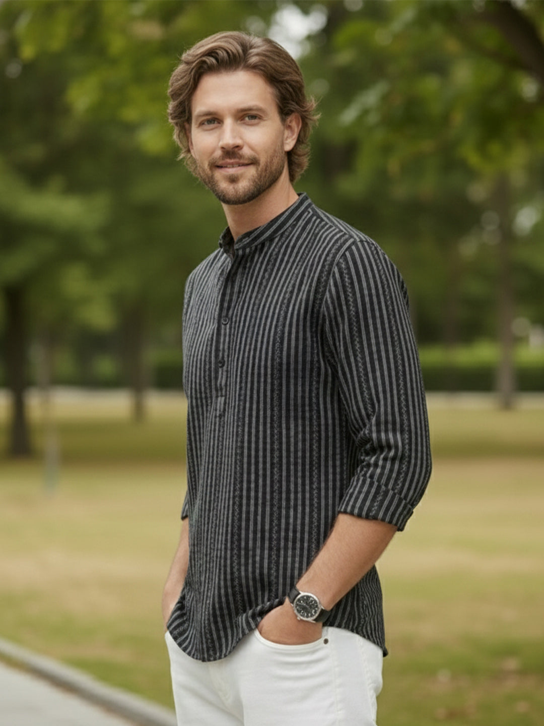 TerraDesi Black Striped Cotton Kurta for Men | Mandarin Collar Casual Kurta