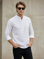 TerraDesi Arctic Weave White Cotton Short Kurta for Men | Mandarin Collar Roll-Up Sleeve Kurta