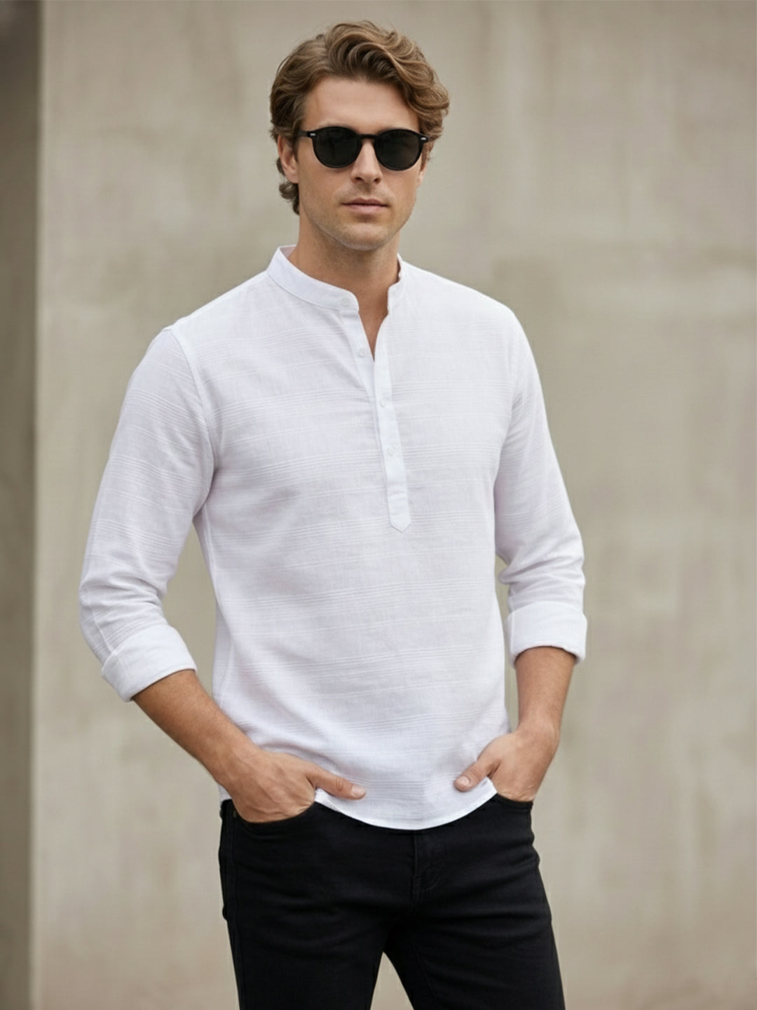 TerraDesi Arctic Weave White Cotton Short Kurta for Men | Mandarin Collar Roll-Up Sleeve Kurta