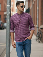 TerraDesi Plum Purple Printed Cotton Kurta for Men | Mandarin Collar Casual Ethnic Kurta