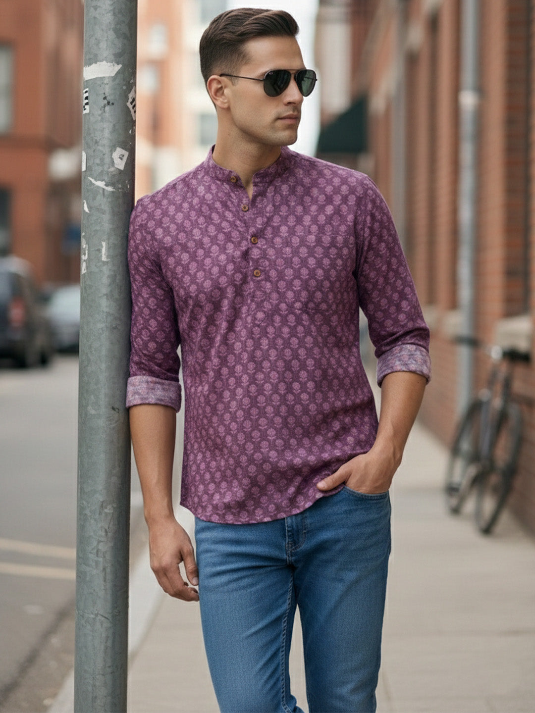 TerraDesi Plum Purple Printed Cotton Kurta for Men | Mandarin Collar Casual Ethnic Kurta