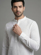 TerraDesi Arctic Loom Textured Cotton Short Kurta for Men | Modern Mandarin Collar Kurta