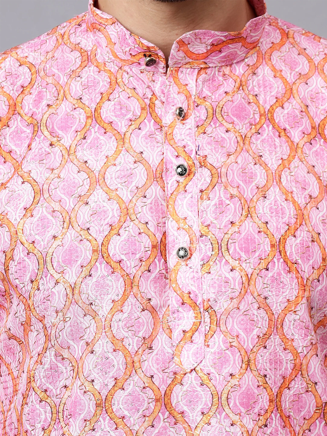 TerraDesi Royal Peach Crochet Kurta Set for Men – Designer Self Printed Festive Kurta with Pajama