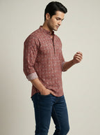 TerraDesi Rust Red Geometric Printed Cotton Kurta for Men | Mandarin Collar Casual Kurta